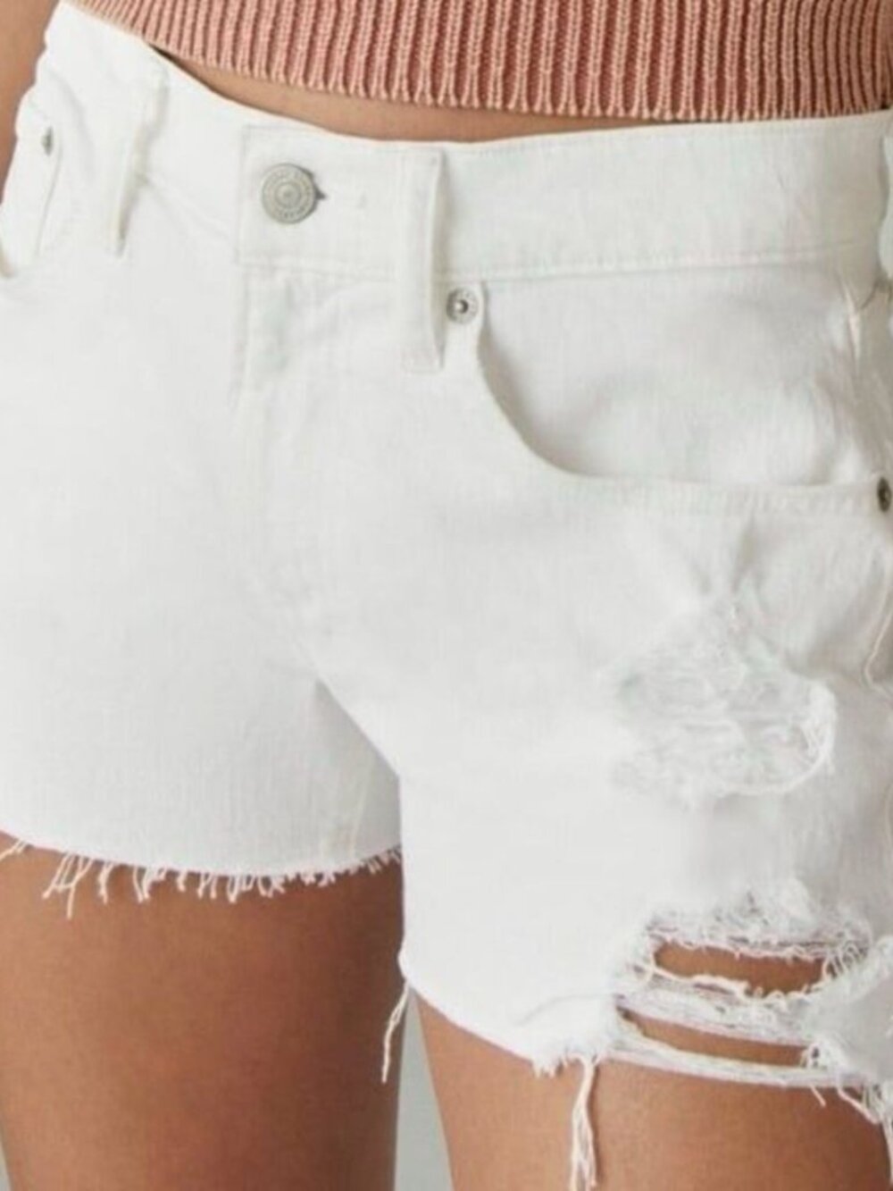 Lucky Brand Mid Rise Boy Short White Distressed Cut Off Denim Size 8